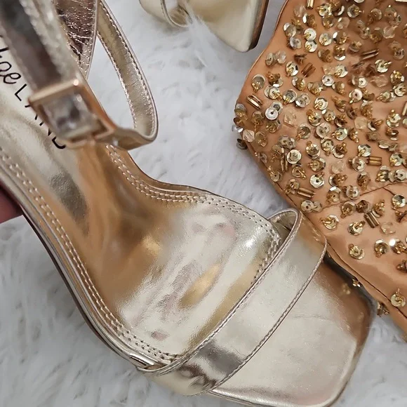 Bundle-Gold Strapless Party Dress with Scarf & Heels - Picture 5 of 14